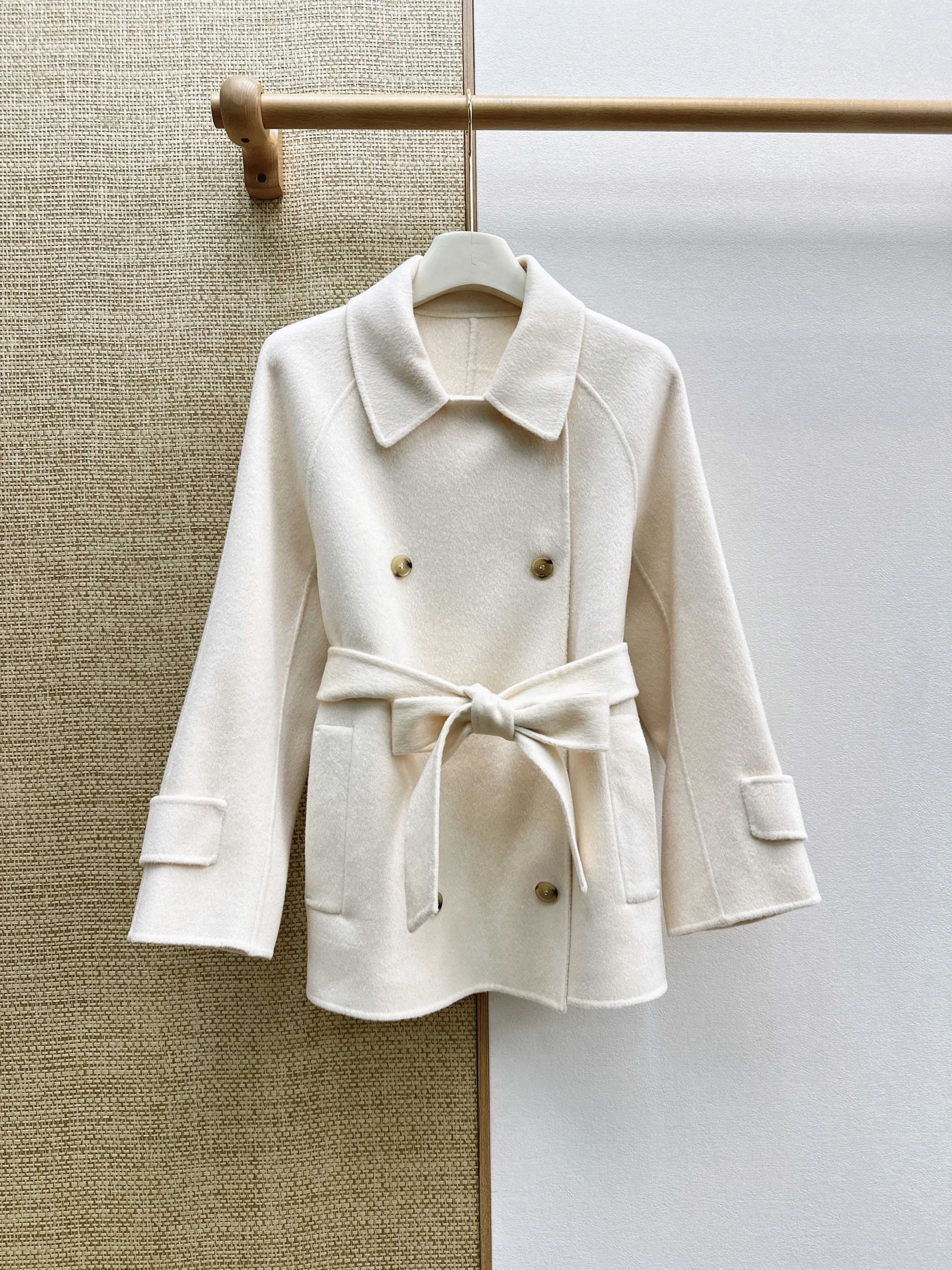 New Autumn Winter Minimalist Mid-Length Double Breasted Double-Faced Wool Coat, Handmade Double Sided Wool Fabric
