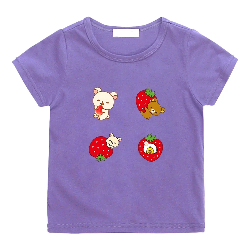 Kiiroitori Yellow Chick Strawberry T-shirts Rilakkuma and Korilakkuma Bear Tee-shirt Kawaii Graphic Printing Tshirts 100% Cotton