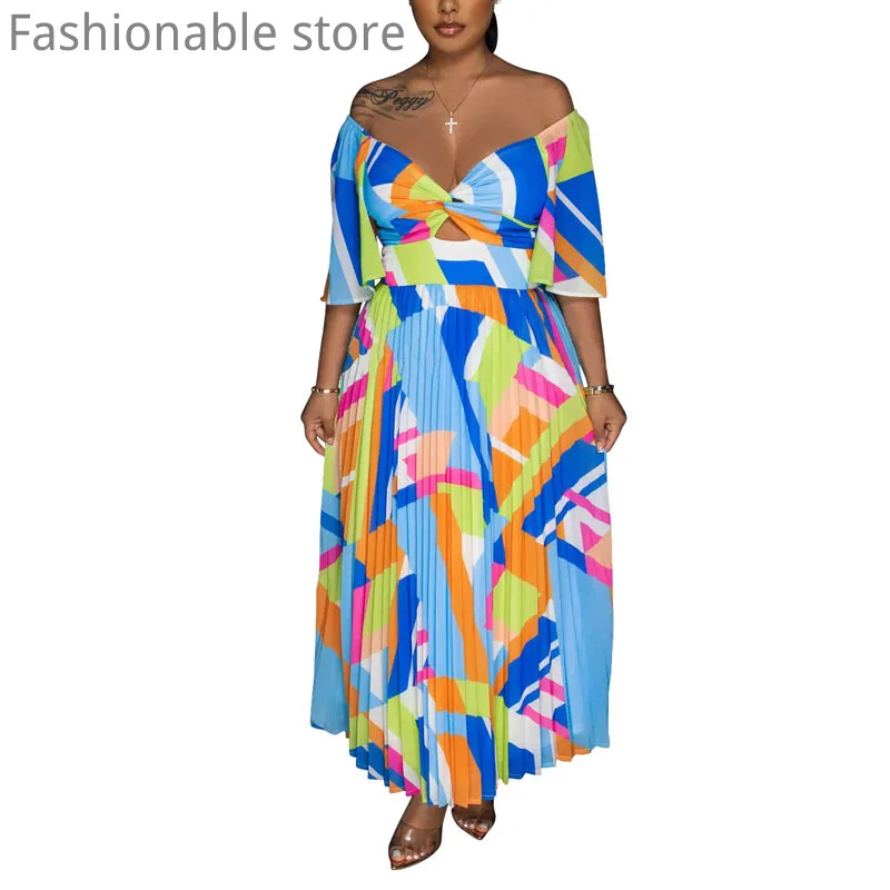 

Women Casual Print Off Shoulder Deep V Neck Shirring Pleated Irregular Maxi Dress