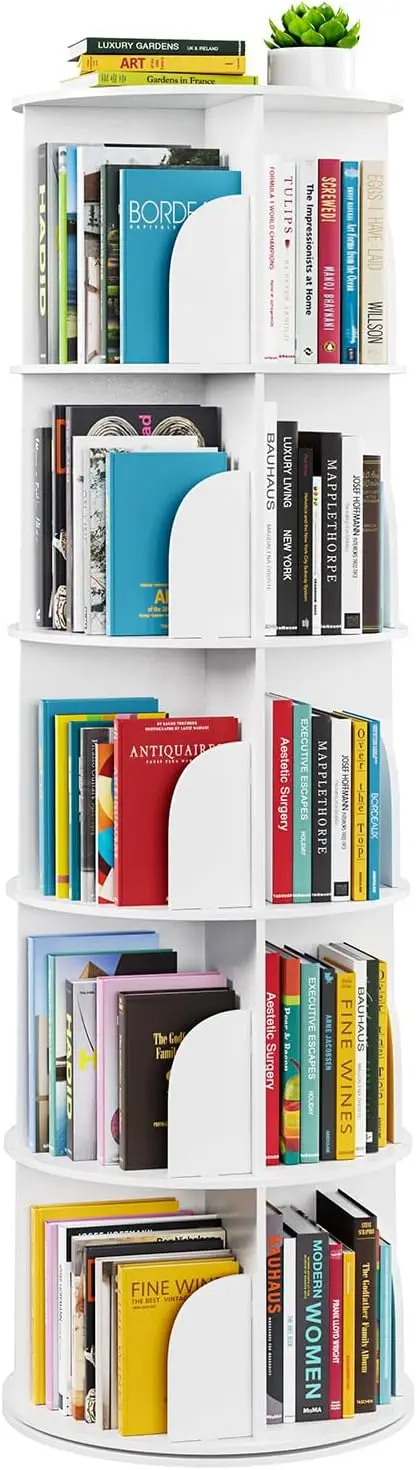 5 Tier Rotating Bookshelf Tower, Spinning Bookcase Lazy Susan, Revolving 360 Book Shelf Storage Round Carousel, Vertical Rotate