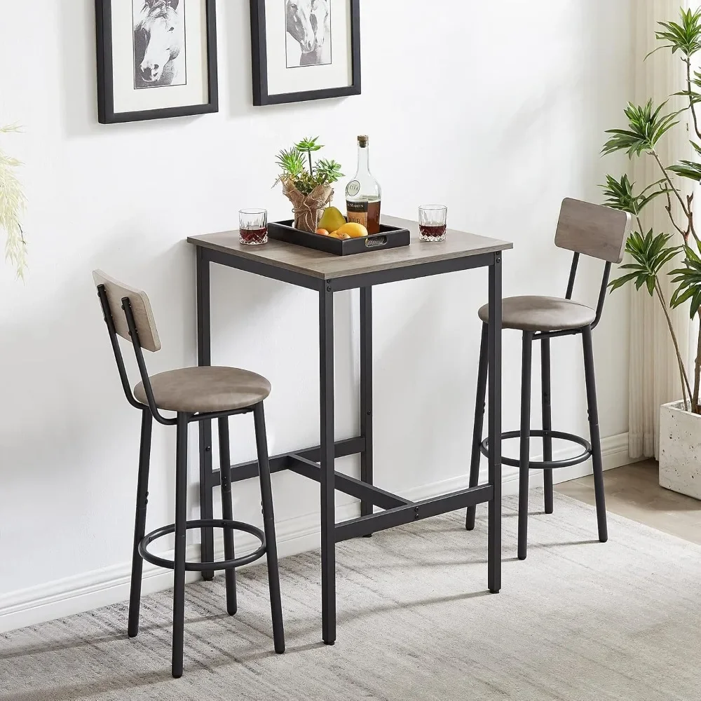 

Bar Table and Chairs Set for 2, 3-Piece Small Square Pub Bistro Table and Upholstered Stools with Backrest, Counter Height Kitch