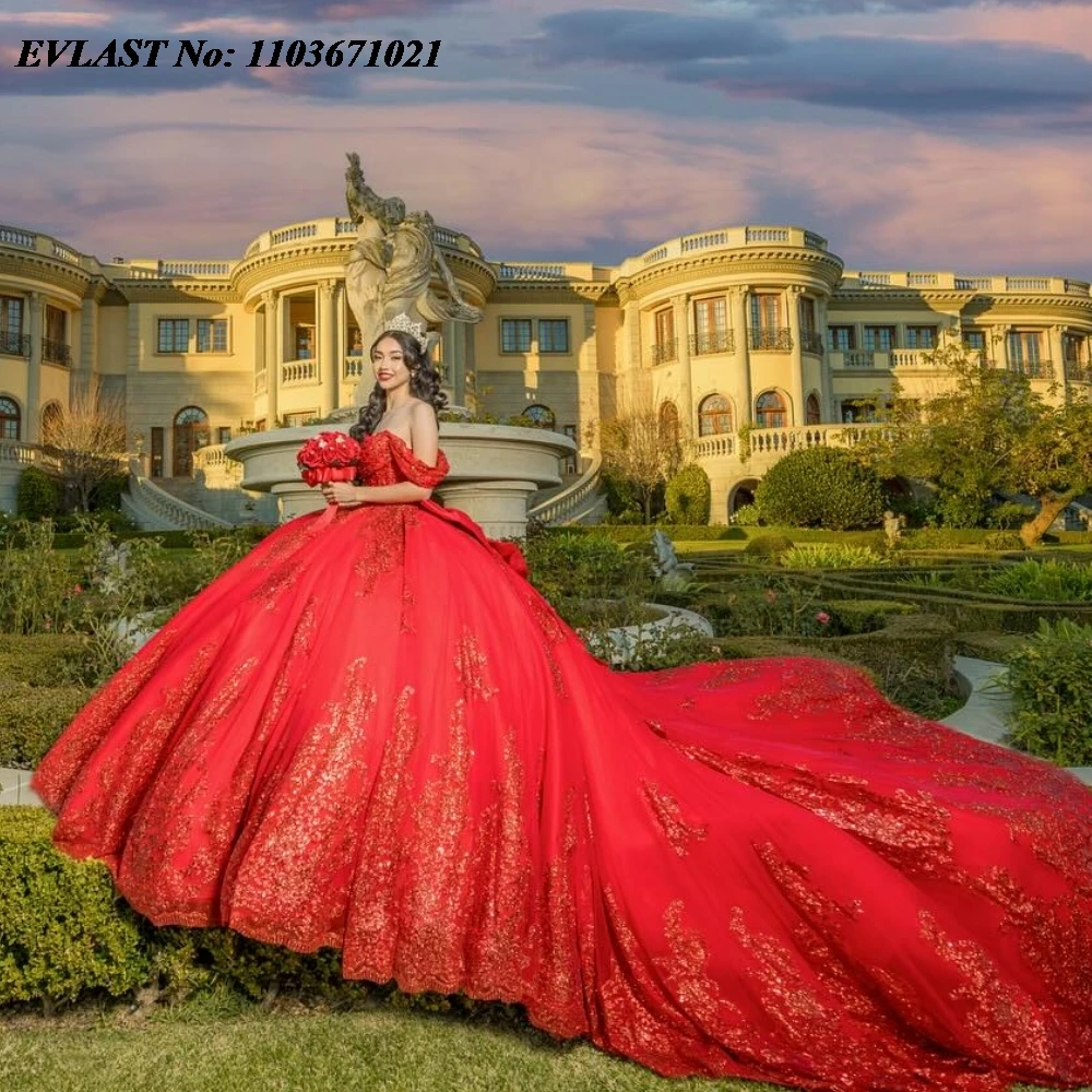 EVLAST Personalizado Vermelho Brilhante Lantejoulas Quinceanera Vestido Appliqued Renda Frisado Arco Vestido de Baile Doce 16 Vestidos De 15 Anos SQ726