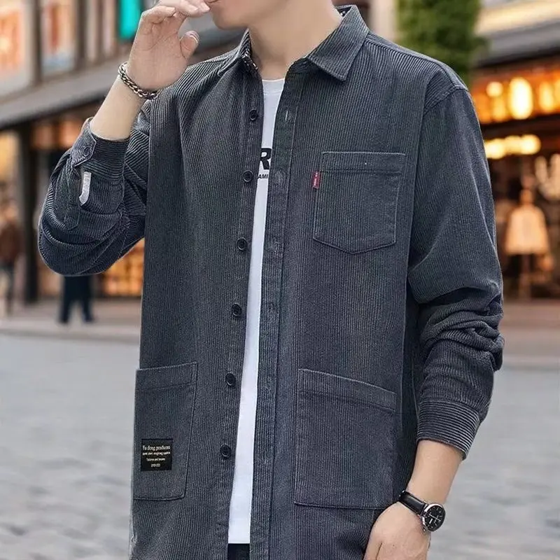 

Retro Japanese Sle Long Sve Corduroy irt Men Loose Casual Wear Resistant And Wearable Work Outerwear Spring Autumn