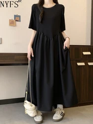 NYFS 2024 Summer New Korea Woman Dress Vestidos Robe Elbise Loose Plus Size Short Sleeve O-neck Patchwork Big Hem Long Dresses