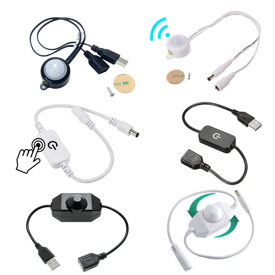 

Регулируемый PIR инфракрасный датчик движения USB DC Plug Switch DC5V 12V 24V Ручка сенсорного затемнения для светодиодной ленты ночника
