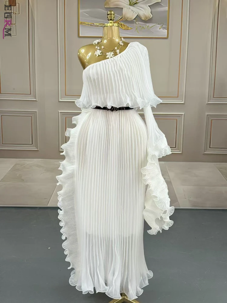

EGRM Pleated Dress Women Single Shoulder Sleeves Solid Color Loose Style Summer New Tide 2025 Evening Party Dresses 6R3190
