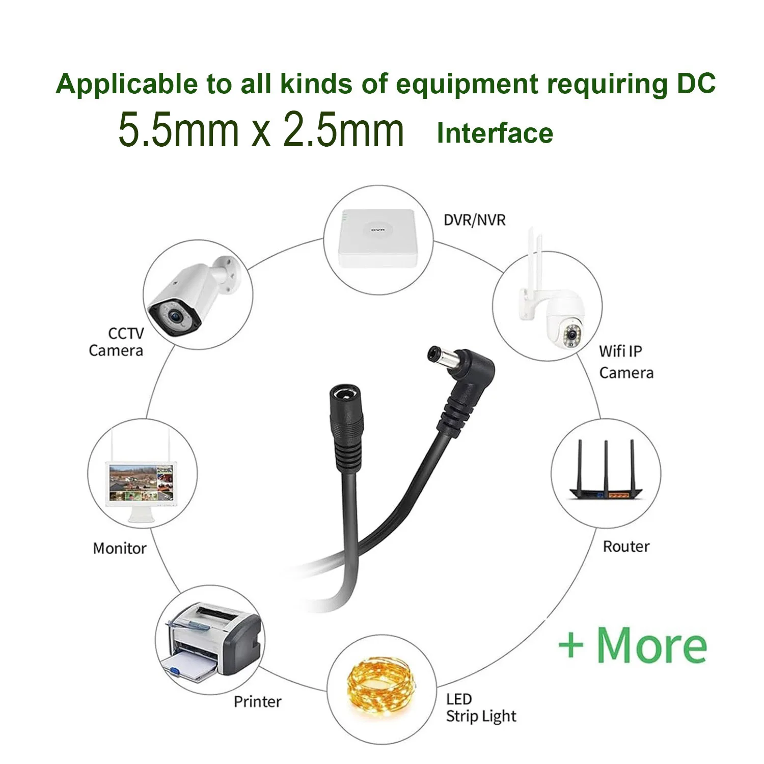 1pc 5.5mm x 2.5mm DC Power Right Angle Male to Female Extension Cable Adapter for IP Camera CCTV Camera LED Strip 3ft 1m 22AWG