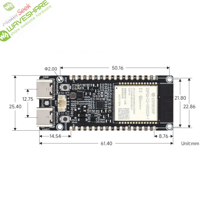

SKU-32586/32577 Waveshare ESP32-C5 Dual-Band Wi-Fi 6 Development Board, 240MHz RISC-V Processor, ESP32-C5-WROOM-1 Series Module,