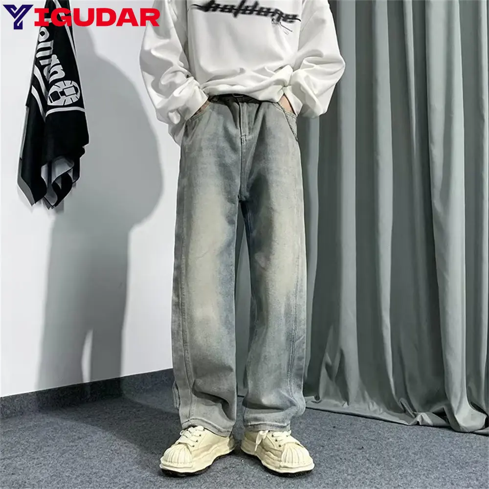 Loose Jeans Mens Floor Dragging Trousers Light Color Straight Tube Washed Retro Made Trendy Brand Youth PANTS Wide Leg