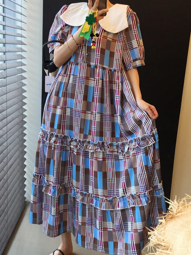 Marinekragen, A-Linie, Dr mit Cheered-Print und Farbkolion, langer Rock, Saum, Reisen, Fotografie, Freund, Frühling, Herbst, W...