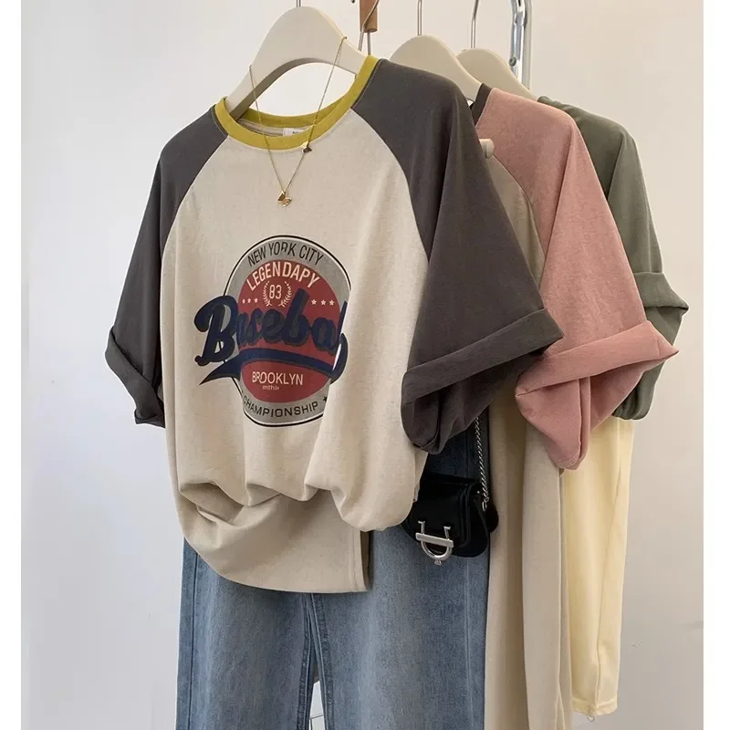 Plus Size Women 100% Cotton Raglan Sleeve T-Shirt Vintage Baseball Print Casual Top