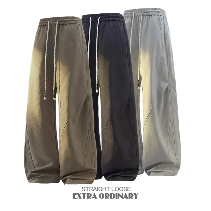 

Spring Autumn New Fashion Men's Solid Color Simple Basic Loose Straight Wide Leg Drawstring Cargo Trousers Male Pants Clothes