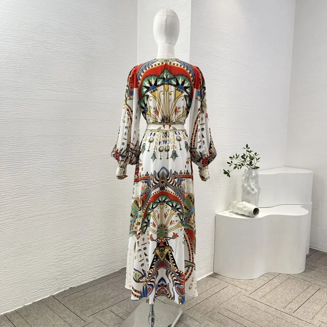 High Quality Women 2024 White Floral Print Long Sleeve V Neck Diamonds Midi Dress Stretchable Waist At Back