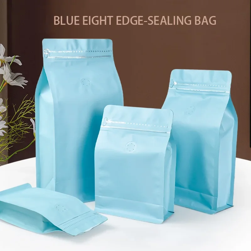 

50pcs 100g 250g 500g 1kg Blue Packaging Bags Wholesale Matte White Ziplock Box Bottom Roasted Coffee Bag Pouches Flexible