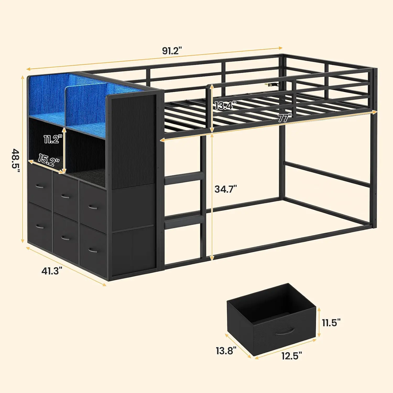 Low Twin Over Twin Bunk Bed with 6 Storage Drawers, LED Lights | Low Twin Bunk Beds with Ample Storage Space, Metal, Customized