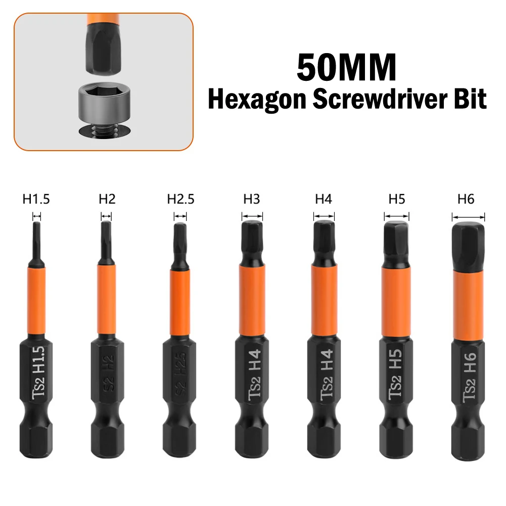 Hex cabeça chave de fenda, 1/4 Hex Quick Change Impact Driver, Brocas magnéticas, H1.5, H2.0, H2.5, H3, H4, H5, H6, 50mm, 1Pc