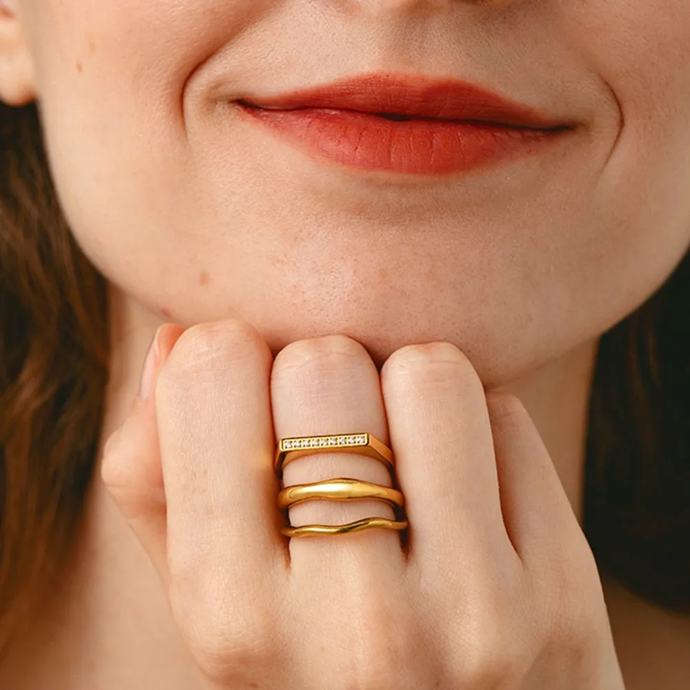 INS Style Minimalist Wave Ring Set 18K Gold Plated Stainless Steel Irregular Stackable Band Ring Jewelry for Women