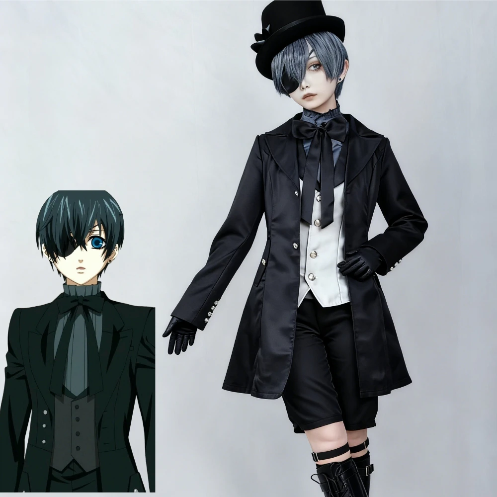 

Japanese Anime Black Butler Ciel Phantomhive Cosplay Costume Top Vest Coat Pants Gloves Eye Mask Halloween Role Play Full Suit