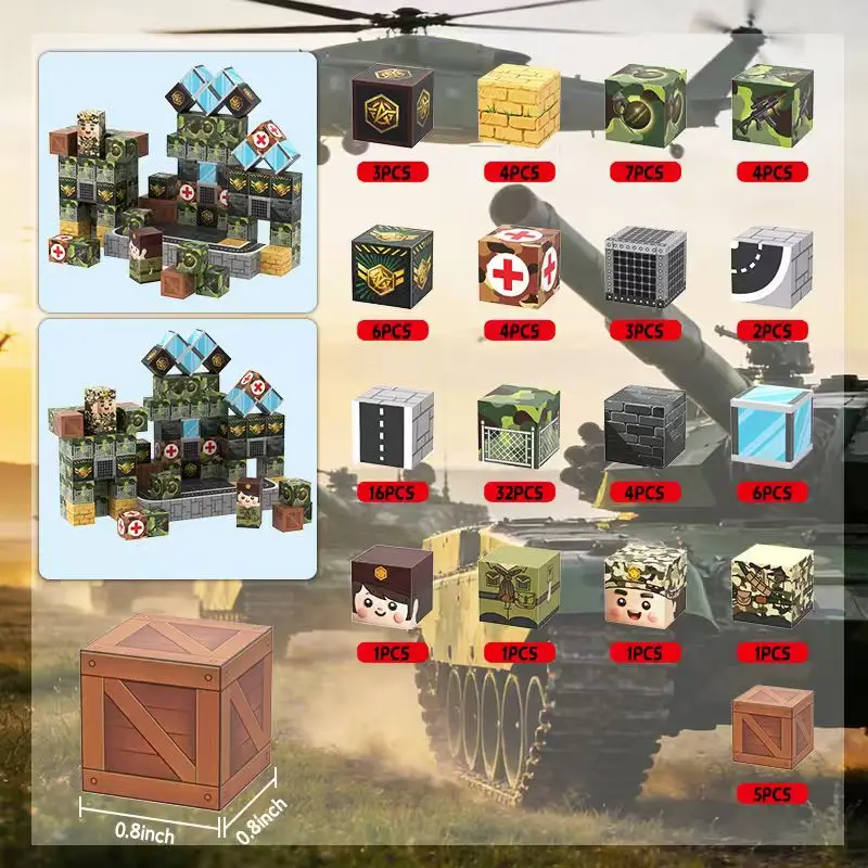 Magnetic Blocks-Build Mine Magnet World Military Set for Boys & Girls Age 3+, Sensory Toys for Toddlers Gifts Construction Toys