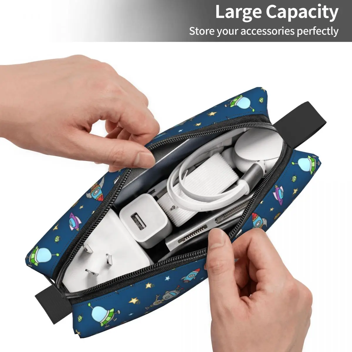 Outer Space Doodle Cosmetic Bag Women Kawaii Big Capacity Universe Astronaut Spaceship Makeup Case Beauty Storage Toiletry Bags