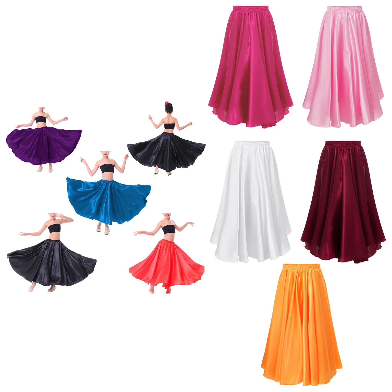 Kids Girls Shining Satin Long Spanish Skirt Big Swing Dancing Skirt Belly Dance Skirt Sun Skirt Flamenco Traditional Costume