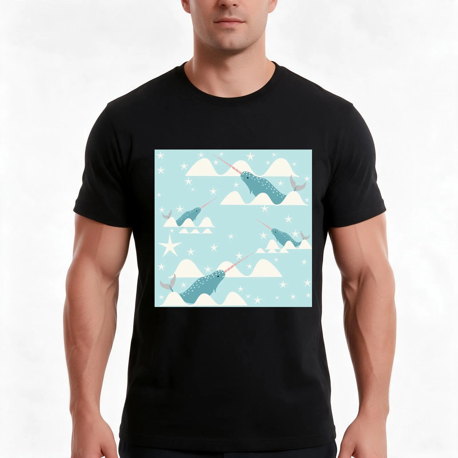 swimming narwhal blue T-Shirt, Summer Casual Cotton Tee, Oversized Streetwear Tops, Vintage Graphic Print, Unisex Men Women