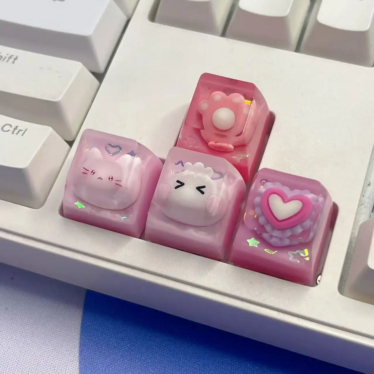 DIY Cute Pink Cat Head Keycap Cat Claw Game Mechanical Keyboard Transparent Resin Glitter ESC Key Couple Gift Keycap