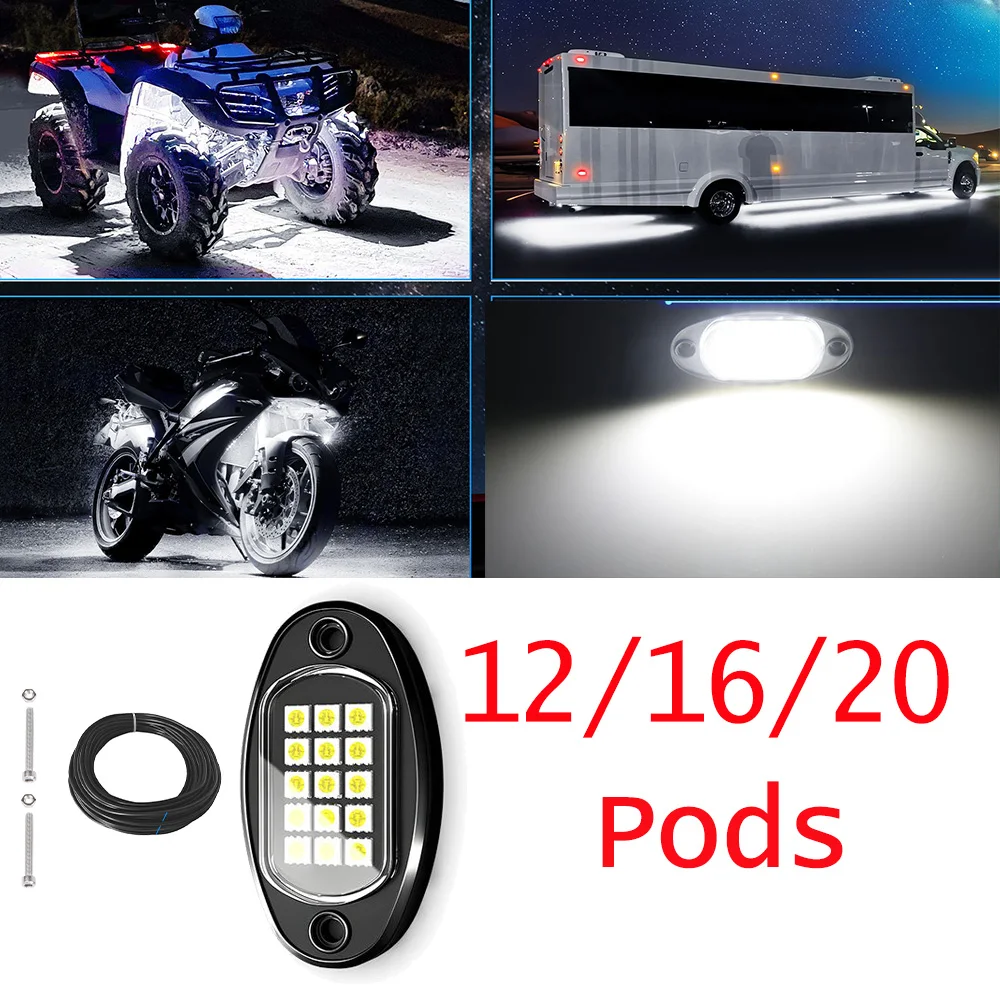 MICTUNING 12/16/20Pods Waterproof White LED Rock Light Kit,lPlastic Single-Lamp Ultra-Bright Underbody Illumination Kit for Car
