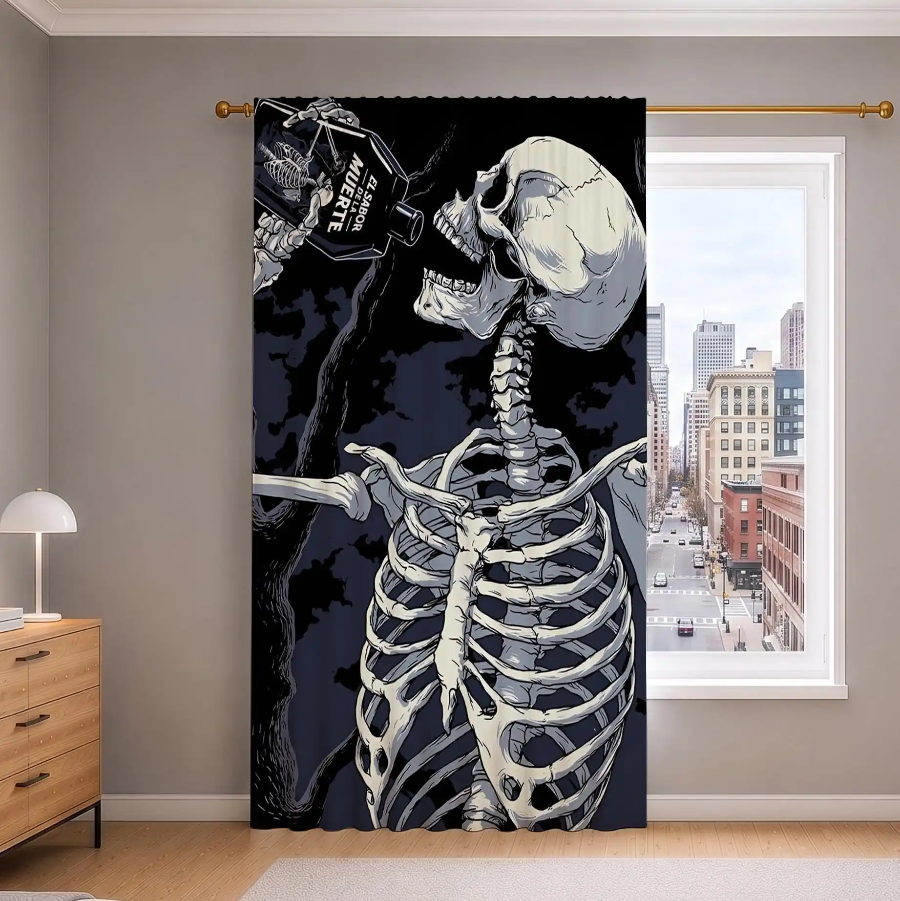 Gothic Skeleton Art Pair Curtains Dark Academia Aesthetic Living Room Window Drapes