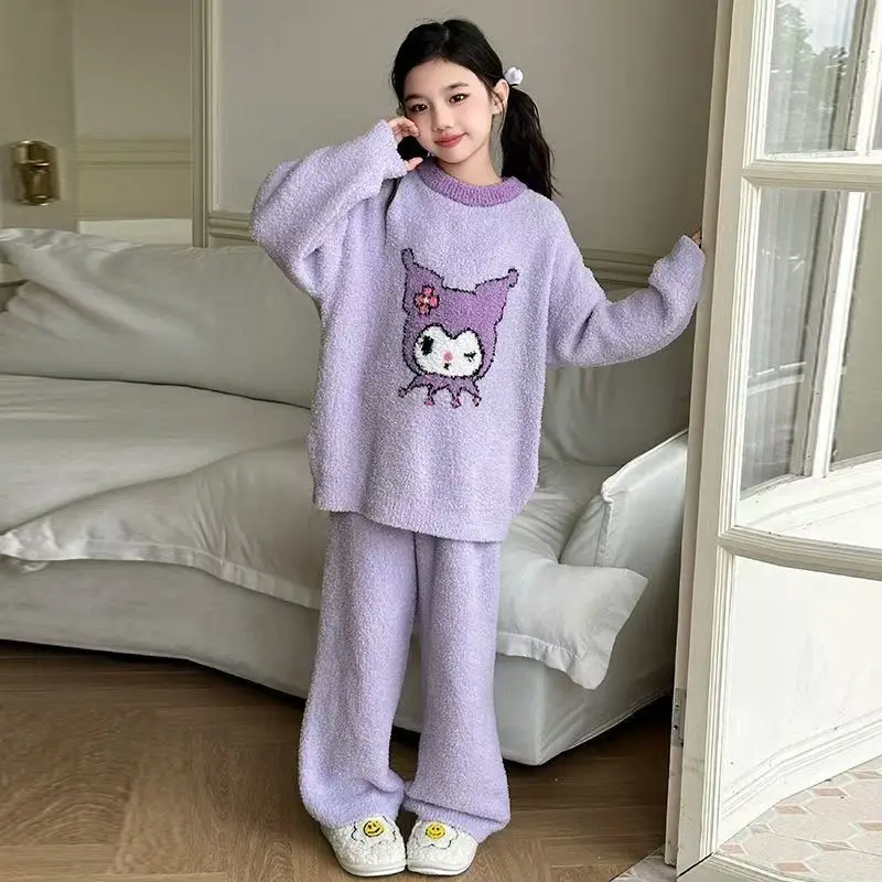 Lounge Clothes Hot Sanrio Hello Kitty Girl Velvet Hoodie Suit Kawaii Children Cartoon Loose Coat Thickening Fashion Gift Winter