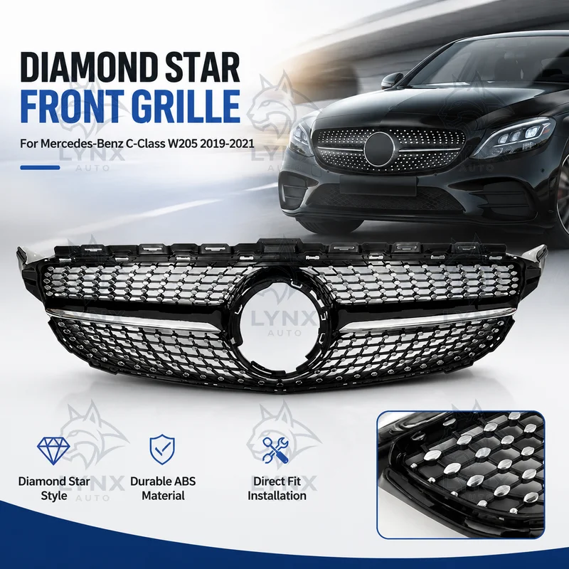 For Mercedes-Benz C-Class W205 2019-2021 Diamond Star Grille Vertical Bar Glossy Black Aftermarket Front Grille