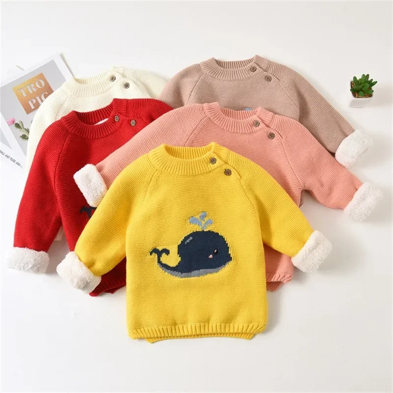 Warm Children's Sweaters Baby Boys Girls Kid Winter Clothing Infant Cartoon Whale Design Pullovers Toddler O-neck Velvet Sweater