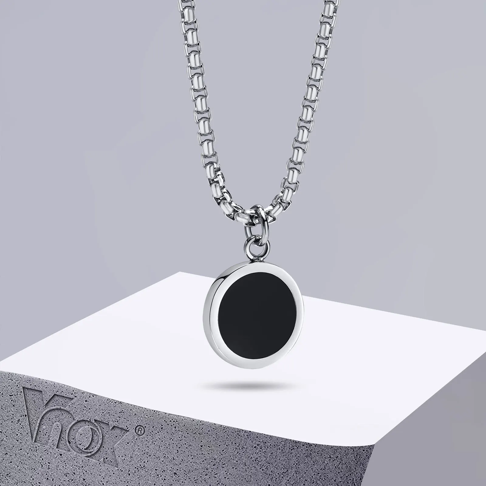 Vnox Necklaces for Men, Geometric Enamel Round Coin Oval Square Pendant with Box Chain, Casual Male Boy Cool Collar