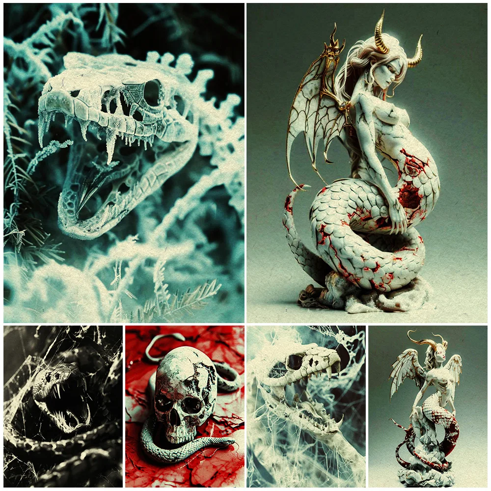 

Frozen Snakes And Skeletons, Vintage Wall Art Canvas Painting, Pagan Snake Demon,Gothic Art Poster And Print Home Decor,Unframed
