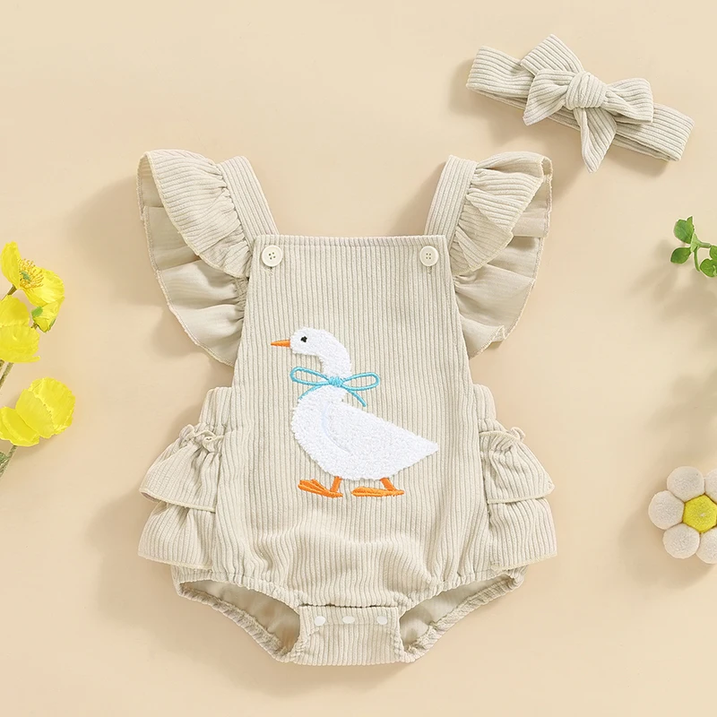 

0-18M Baby Girls Rompers Fuzzy Duck/Cow Embroidered Ruffles Fly Sleeve Bodysuits Summer Clothes with Headband