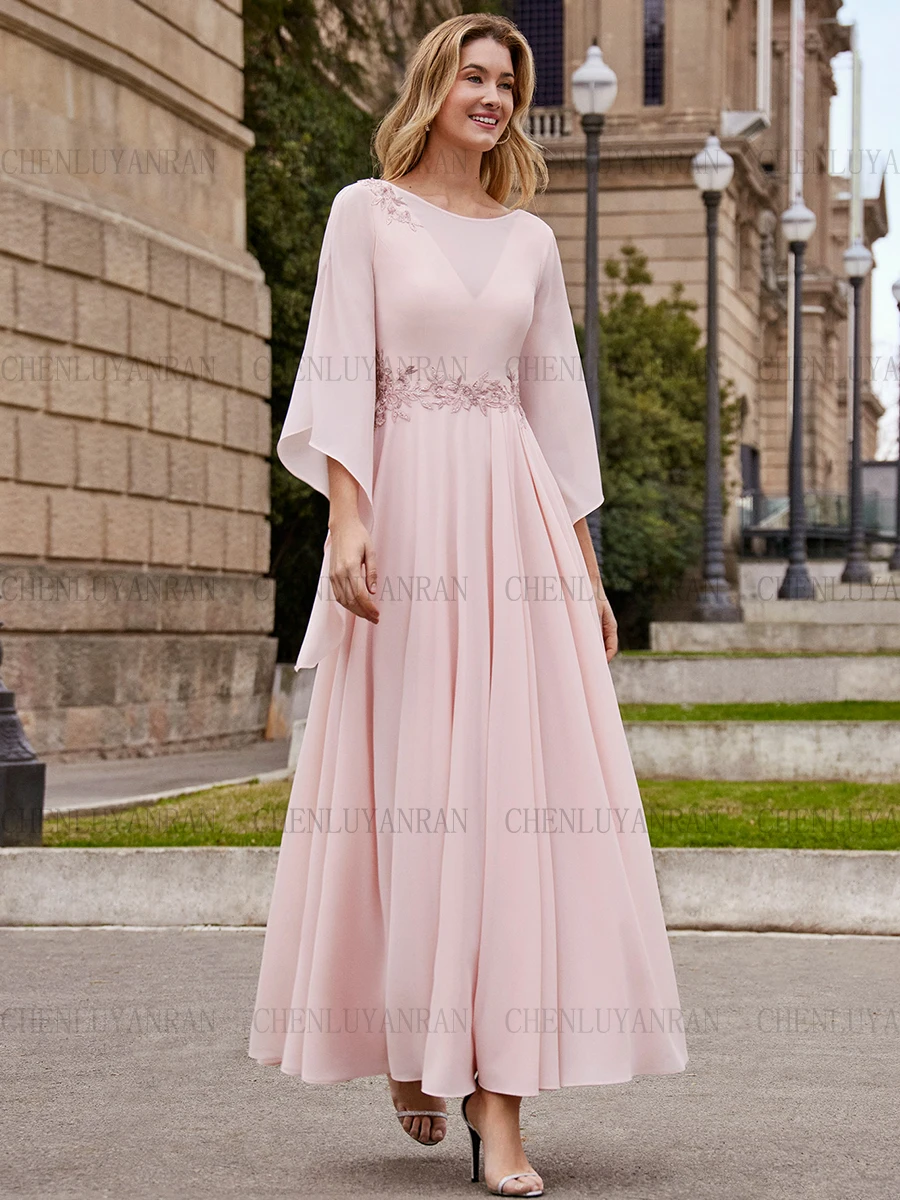 

Chiffon Pink Mother of the Bride Dresses 2025 O-Neck A-Line Wedding Guest Gowns 3/4 Sleeve Elegant Dress Women For Wedding Party