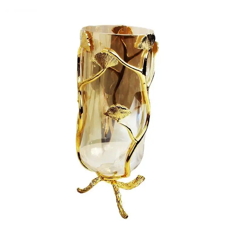 Imagem -06 - Suporte de Folha de Ginkgo Dourado Vaso de Vidro Vasos de Hidroponia Flores Artificiais Arranjo Floral Decorativo Vasos Banhados a Ouro