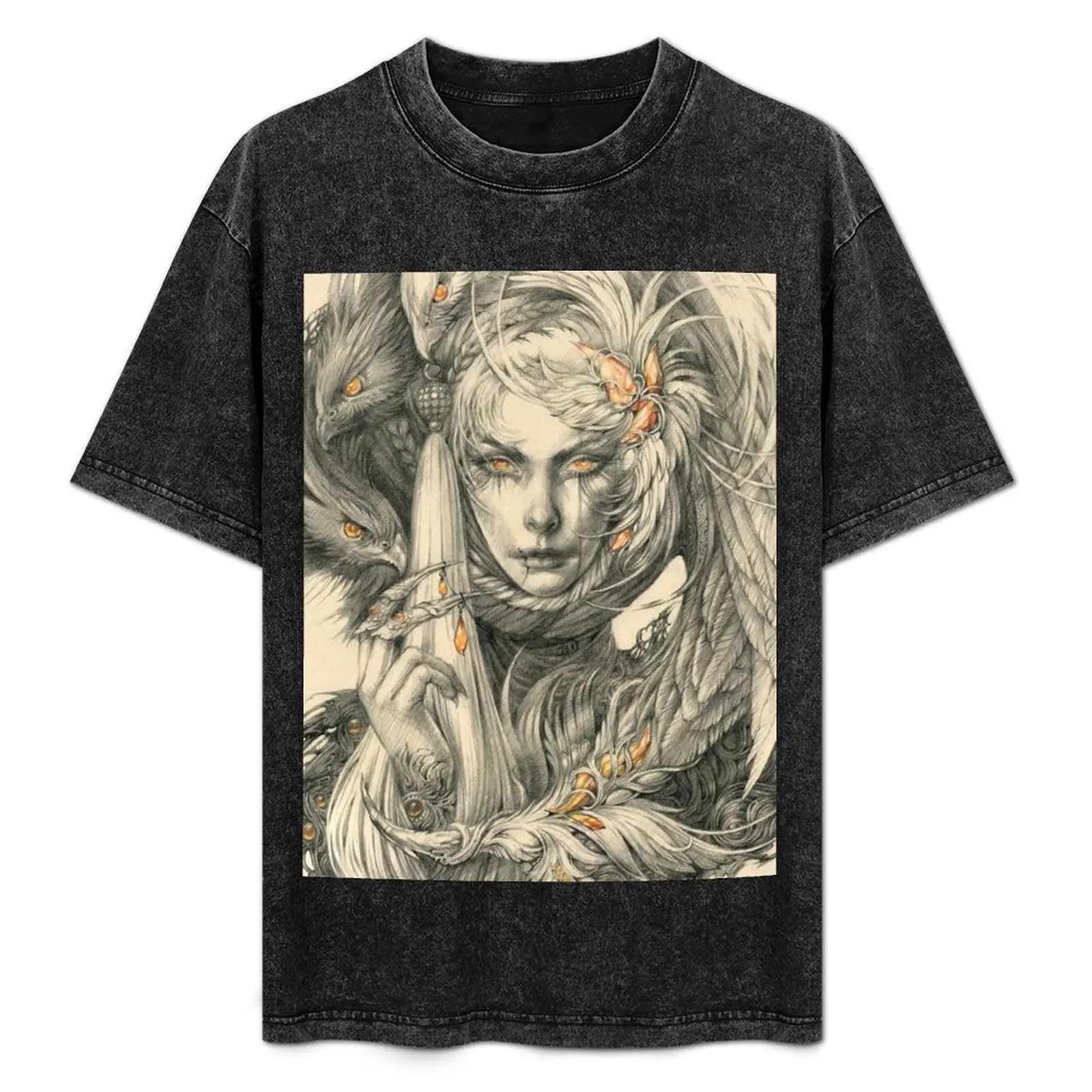 Camiseta con estampado de dama con halcones y joyas de ámbar, camiseta informal suave de algodón de manga corta