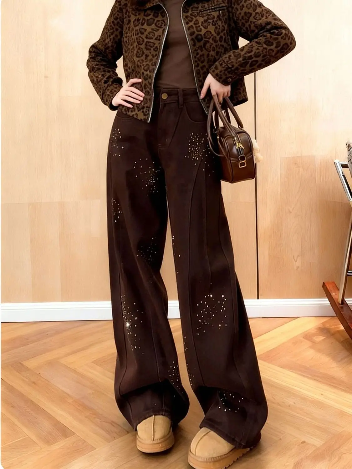 Women's Fall/Winter Thermal Elastic High-Waist Slimming Loose Fit Wide Leg Pants with Embellished Pockets