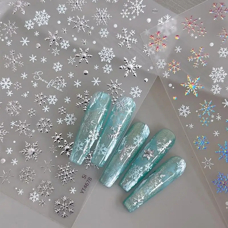 Autocollants scintillants pour Nail Art de noël, dessin animé, décoration de manucure à faire soi-même avec flocons de neige or/argent