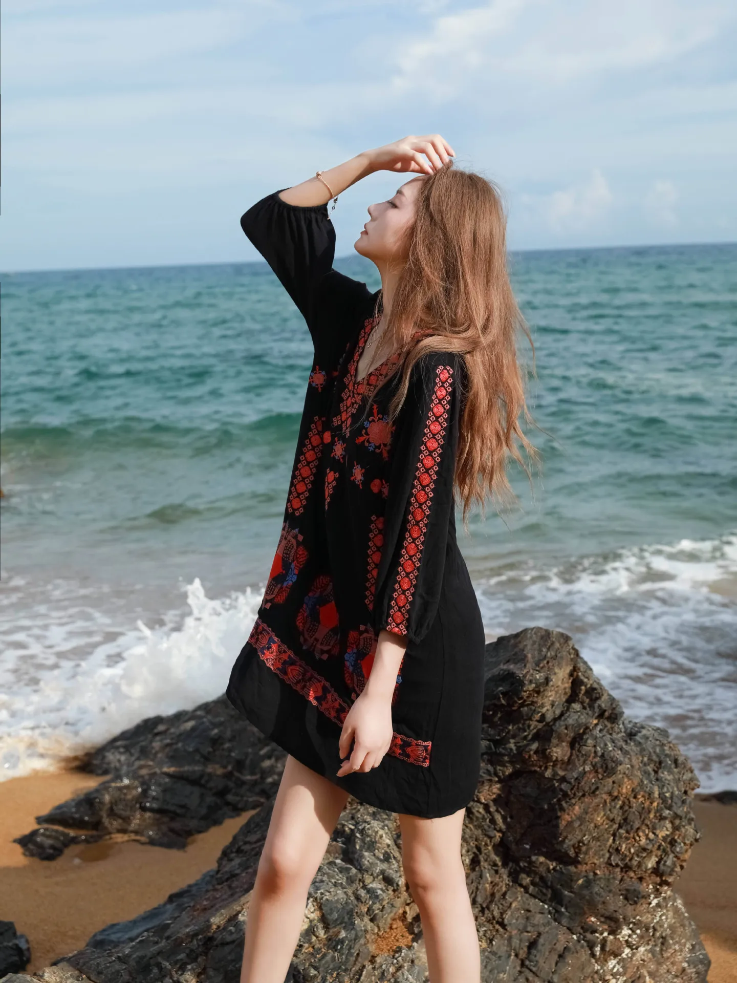 KHALEE YOSE Boho Floral Embroidery Summer Dress Loose Black Cotton Long Sleeve V-neck Women Vocation Ladies Dresses Vestidos New