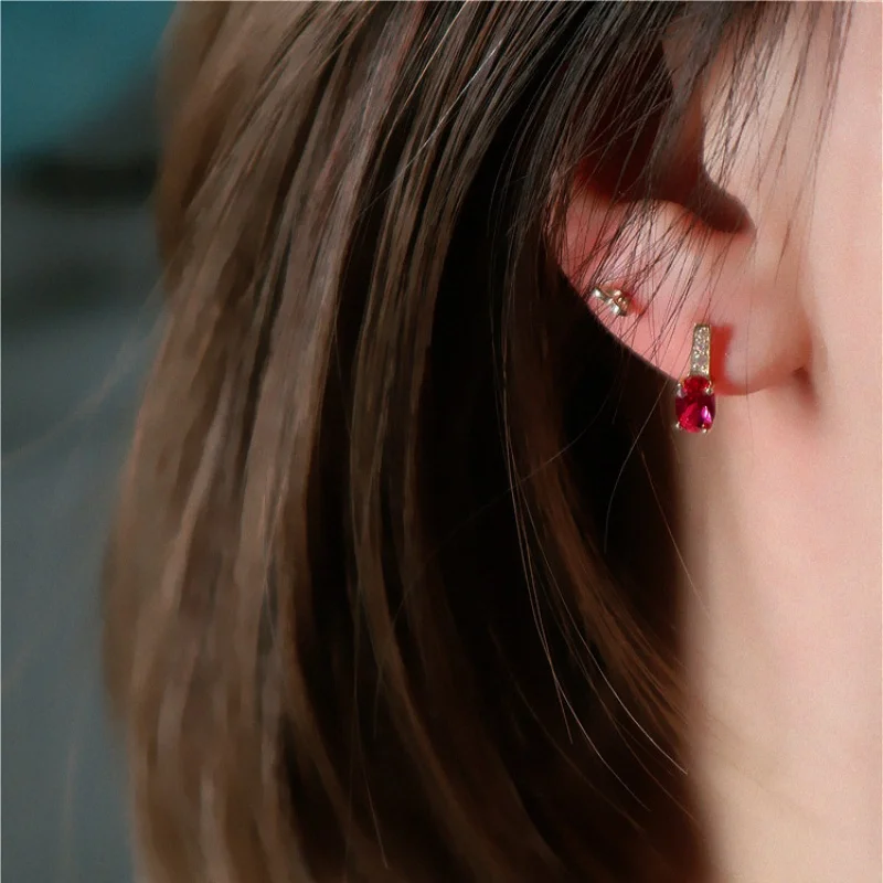 Dainty Red Oval CZ Zircon Earrings 18K Gold Plated 925 Sterling Silver Ladies Small Hoop Earring