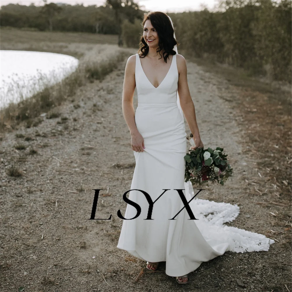 LSYX Simple Deep V-Neck Sleeveless Crepe White Mermaid Wedding Dress For Women Open Back Court Train Bridal Gown Custom Made