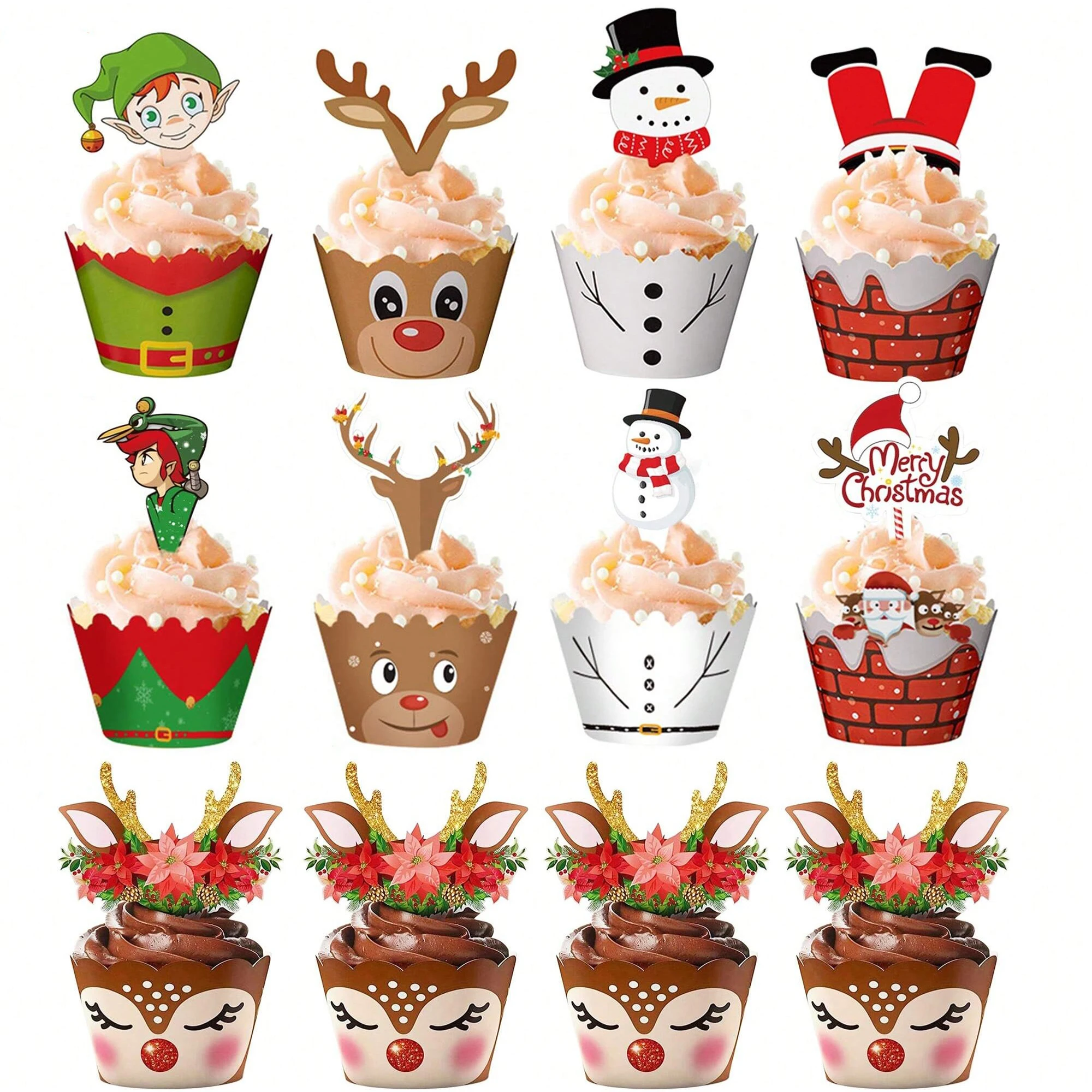 24 Stück Weihnachten Milu Hirsch Weihnachtsmann Cupcake Wrapper Weihnachtsfeier Kuchen Topper Geburtstag Urlaub Thema Party Dekorationen