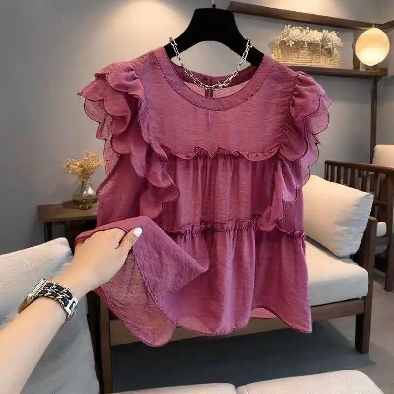 

Женский летний повседневный топ Sweet Doll с кружевной отделкой, свободного кроя, без рукавов, с круглым вырезом, премиум-класса