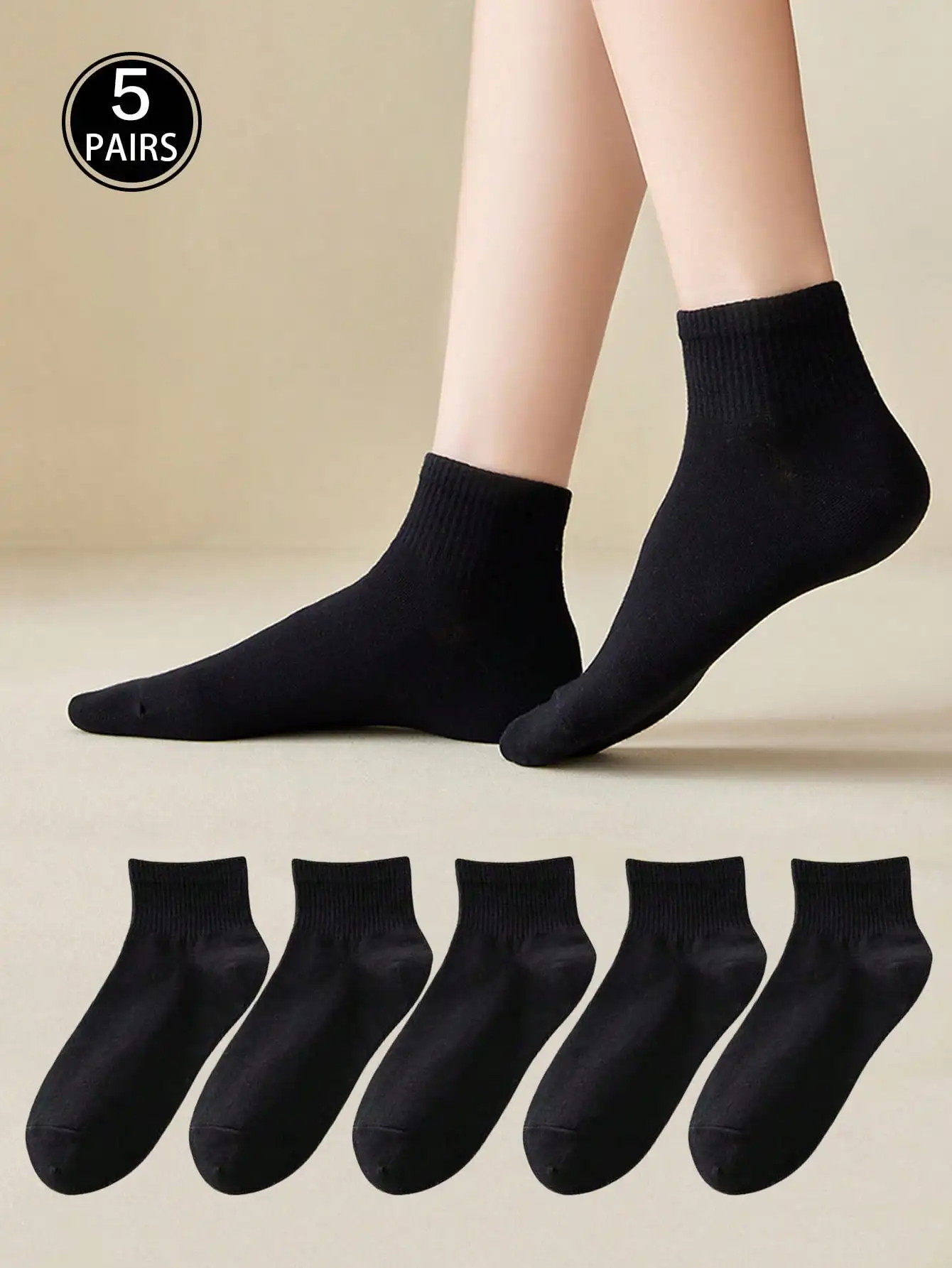 5 أزواج من جوارب طاقم الزوجين للجنسين، جوارب الكاحل، جوارب رياضية باللونين الأبيض والأسود، جوارب رياضية أساسية، مناسبة للارتداء اليومي