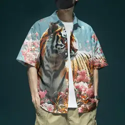 Camisa de manga corta con estampado de tigre en 3d para hombre, Tops hawaianos informales de verano, Top de gran tamaño, 2024