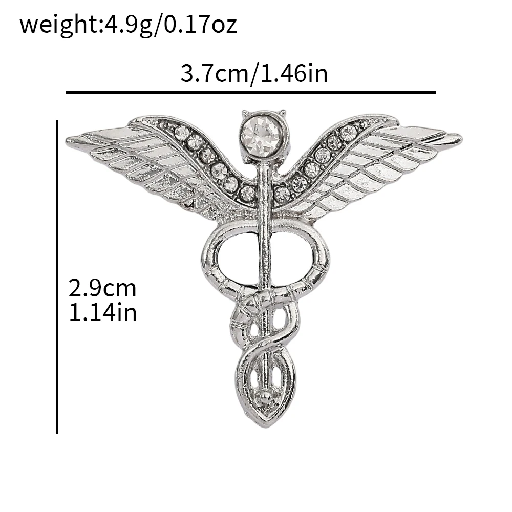 Large 3.2CM Caduceus Brooch Pin Lapel Badge Men\'s Rod of Asclepius Emergency Crystal Medical Staff Badge