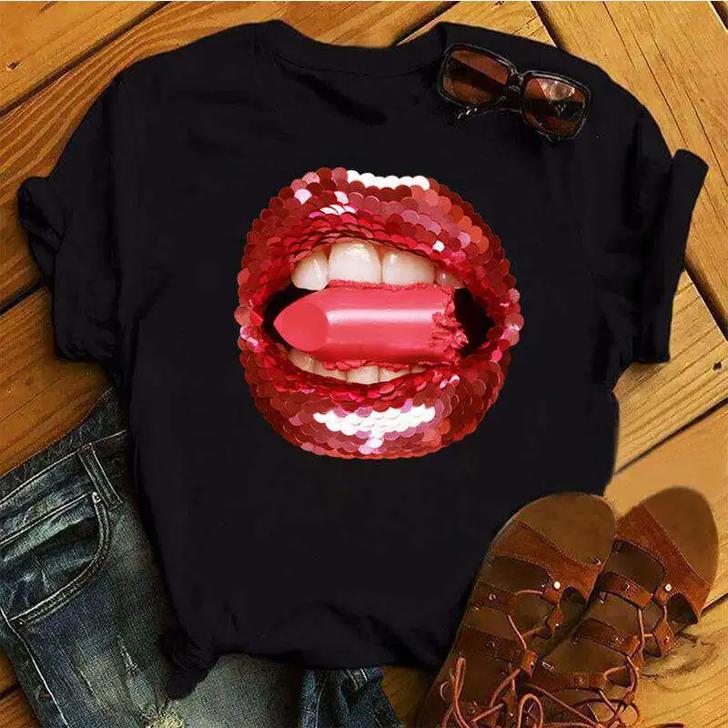 Lips Pure Cotton Printed Men's and Women's Fashion Trend T-shirt Summer New Personalized Round Neck Loose Casual T-shirt