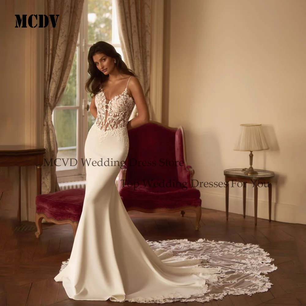 

MCDV Sexy Mermaid Wedding Dresses 2020 Spaghetti Straps Appliques Lace Beach Bride Dress Backless Boho Wedding Gown Customized